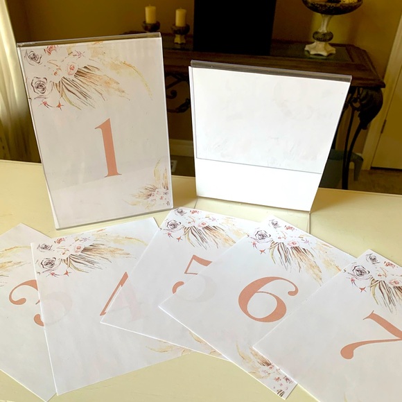 Other - Boho Pampas Themed Shower Table numbers 1-7 in clear stand/frame 5”x7”. NWOT